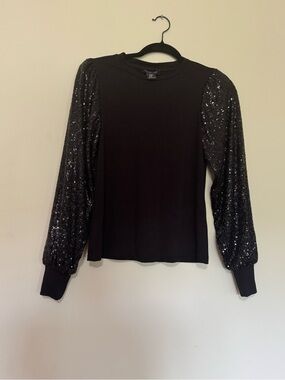 Rachel Zoe Black Sequin Puff-Sleeve Top